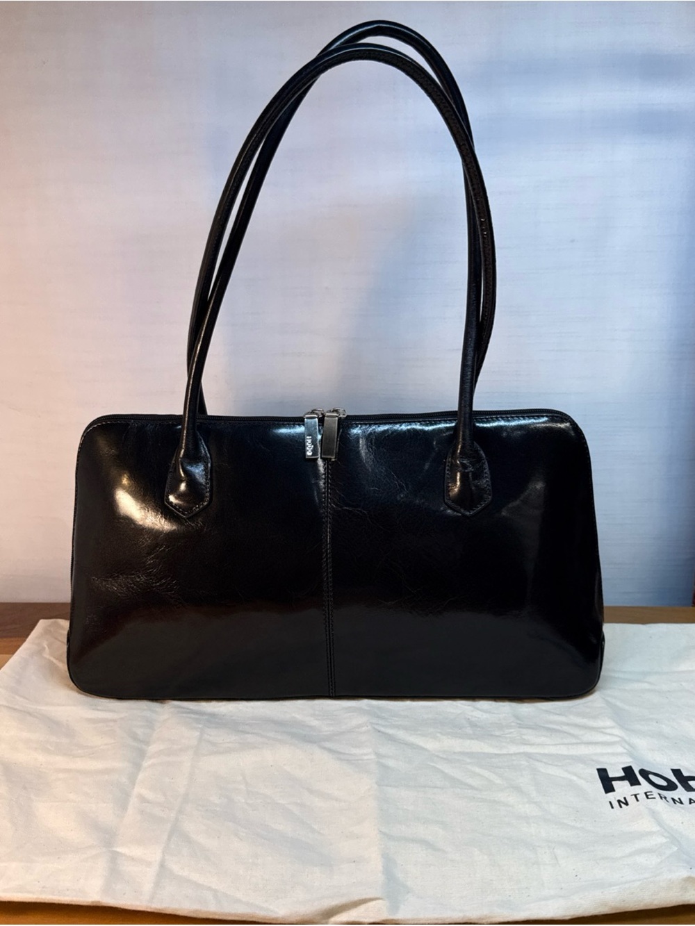 HOBO International Patent Leather Black Shoulder Bag Double Handle Sachel 14x8”